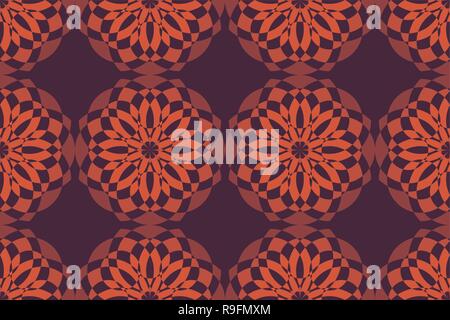 Abstract, seamless background pattern made with geometric shapes forming flower abstraction. Decorative vector art in orange and purple colors. Stock Vector