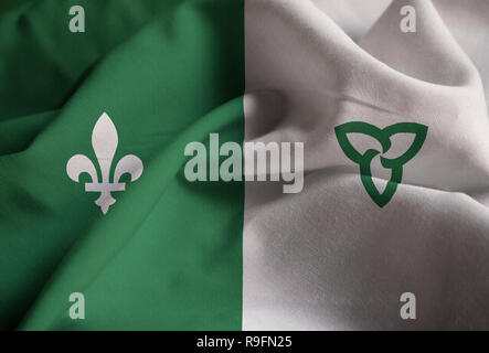 Closeup of Ruffled Franco Ontarian Flag, Franco Ontarian Flag Blowing in Wind Stock Photo