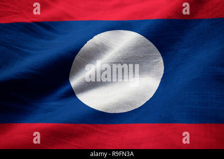 Closeup of Ruffled Laos Flag, Laos Flag Blowing in Wind Stock Photo