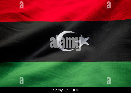 Closeup of Ruffled Libya Flag, Libya Flag Blowing in Wind Stock Photo