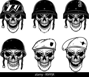 Set of soldier skulls in paratrooper beret, tactical helmet. Design element for logo, label, emblem, sign, poster, t shirt. Vector image Stock Vector