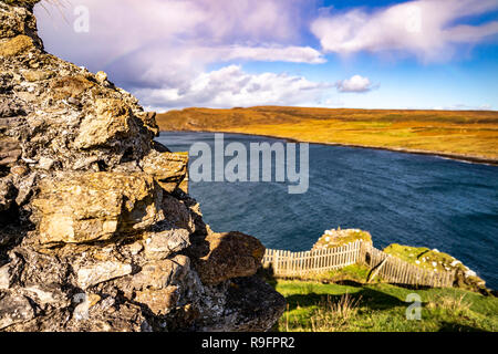 Duntulm seen from the ruins of Duntulm Castle, Isle of Skye - Scotland. Stock Photo