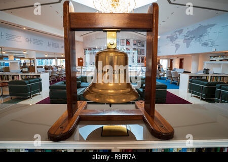 Detail of ship's bell from the Queen Elizabeth 2 cruise liner on display at new QE2 hotel in Dubai, United Arab Emirates. Stock Photo