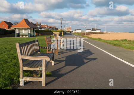 Benches all along the beach front at Walmer, Deal, Kent, UK Stock Photo