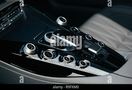 Detail of modern car interior, gear stick, automatic transmission in expensive car Stock Photo