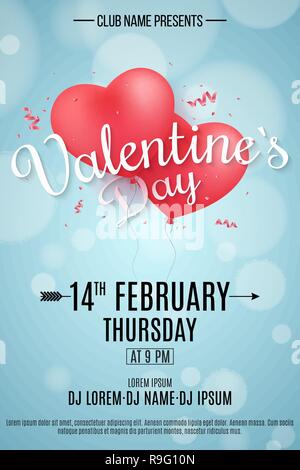 Poster for Valentine's Day party. Flying balloons from the heart with calligraphy. Glares bokeh against the sky. DJ and club name. Confetti and serpen Stock Vector