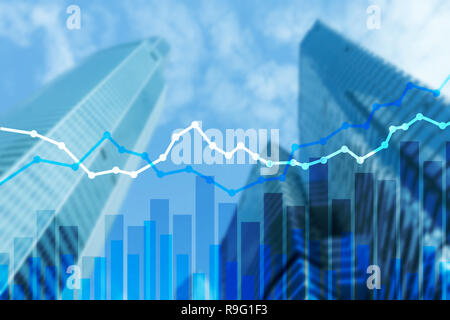 Double exposure financial graphs and diagrams. City background