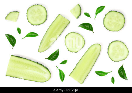 Cucumber slices isolated on white background. Top view. Flat lay pattern. Stock Photo