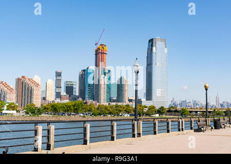 JERSEY CITY, NJ - SEPTEMBER 29, 2018:  Skyline of Jersey City, New Jersey along path in Liberty State Park