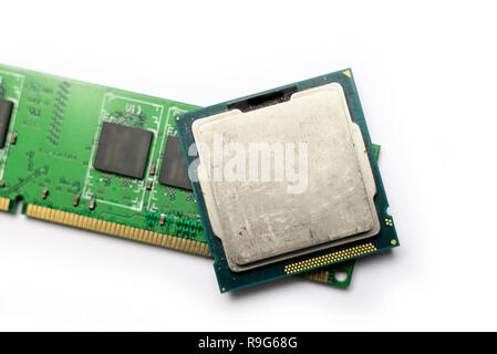 Computer RAM and processor on isolated white background. Stock Photo