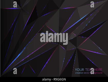 Low poly black dark-grey abstract background, polygonal shapes background triangles mosaic, for web and print, dark crystals backdrop with purple blue Stock Vector