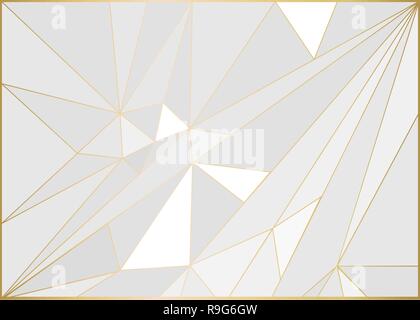 Low poly white light-grey abstract background, polygonal shapes background triangles mosaic, for web and print, dark crystals backdrop with golden lin Stock Vector