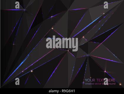Low poly black dark-grey abstract background, polygonal shapes background triangles mosaic, for web and print, dark crystals backdrop with purple blue Stock Vector