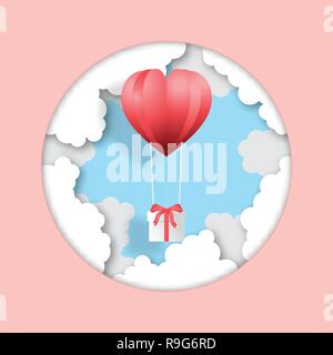 Creative valentines day postcard vector illustration paper cut style background. Heart shape balloon and cloud background for poster, sale offer, web  Stock Vector