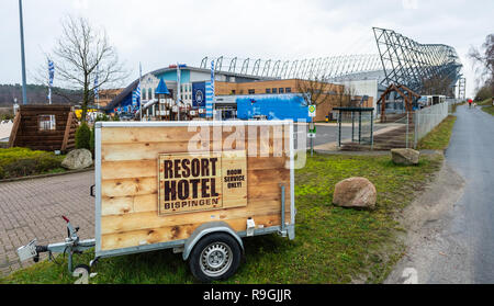 Bispingen, Germany. 22nd Dec, 2018. 'Resort Hotel' stands on a trailer in front of the Snow Dome in Bispingen. Credit: Philipp Schulze/dpa/Alamy Live News Stock Photo