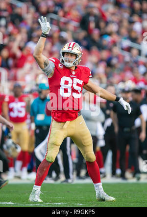 December 23, 2018: San Francisco 49ers tight end George Kittle (85)  celebrates a first down during the NFL football game between the Chicago  Bears and the San Francisco 49ers at Levi's Stadium in Santa Clara, CA. The  49ers lost to the Bears 14-9