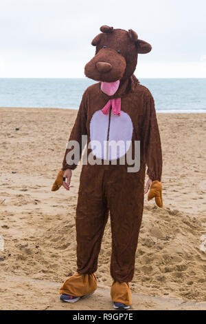 Boscombe, Bournemouth, Dorset, UK. Christmas Day 25th December 2018. Brave volunteers plunge into the cold choppy sea for a swim, for the annual charity White Christmas Dip, dressed in fancy dress costumes and raising money for Macmillan Caring Locally at Christchurch, a Specialist Palliative Care Unit for patients in the local community. Hundreds take part in the event which has become a popular tradition for many before their Christmas lunch. Credit: Carolyn Jenkins/Alamy Live News Stock Photo