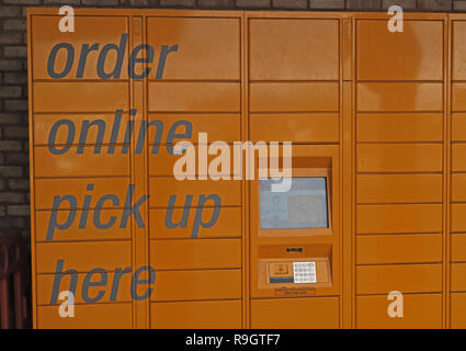 Orange Amazon lockers, Order Online, Pick Up Here, Taunton Morrison's supermarket, Somerset, South West England, UK Stock Photo