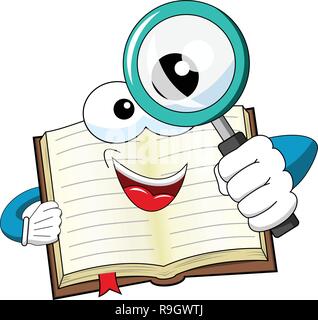 Mascot open book looking through magnifying glass isolated Stock Vector