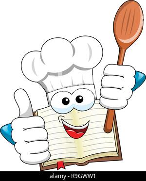Cook book mascot thumb up holding wooden spoon isolated Stock Vector