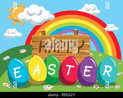 Happy Easter background featuring multicolored easter eggs outdoor Stock Vector
