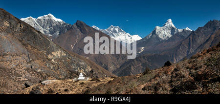 Nepal, Everest Base Camp Trek, Khumjung, new chorten with views of Himalayan mountains, panoramic Stock Photo