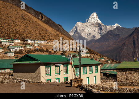 Nepal, Everest Base Camp Trek, Khumjung, village houses with view of Ama Dablam