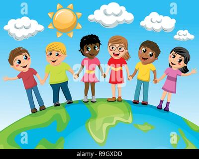 Multiracial Children or kids hand in hand on the world Stock Vector