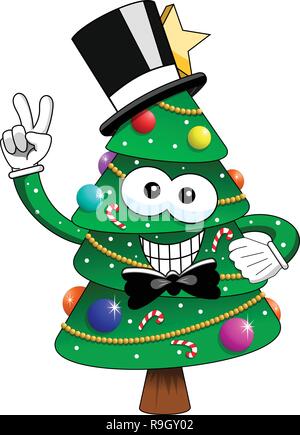 xmas christmas tree mascot character tuxedo top hat smiling isolated on white Stock Vector
