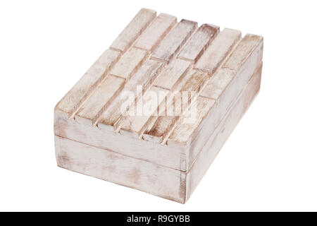 Closeup vintage texture wooden old weathered aged empty closed rectangular box casket isolated on white background. Concept container for jewelry, swe Stock Photo