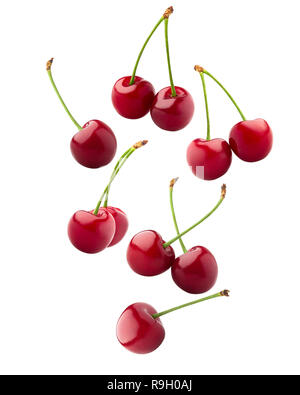 Falling cherry, clipping path, isolated on white background, full depth of field Stock Photo