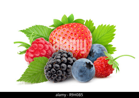 wild berries mix, strawberry, raspberry, blueberry, blackberry, isolated on white background, clipping path, full depth of field Stock Photo