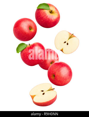 Falling Red juicy apple isolated on white background, clipping path, full depth of field Stock Photo