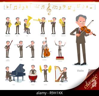 A set of old businessman on classical music performances.There are actions to play various instruments such as string instruments and wind instruments Stock Vector