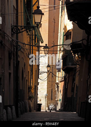 wire cables, pigeons, motor-scooter, street lights, window shutters and concrete bollards feature in a chiaroscuro street scene in Pisa,Tuscany,Italy Stock Photo