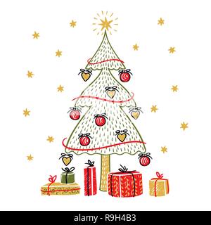 Fir tree and gift boxes isolated On White Background Stock Vector