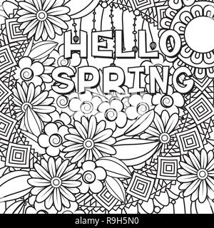 Hello spring coloring page with beautiful flowers. Black and white vector illustration. Greeting card template. Isolated on white background Stock Vector