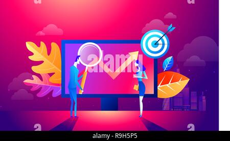 People team work together on seo. Can use for web banner, infographics, hero images. Flat isometric vector illustration isolated on purple and red background Stock Vector