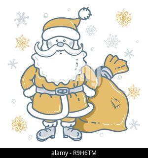 Santa Claus Cartoon Character with bag on the background of snowflakes in gold - silver tones. Design for Christmas and New Year Stock Vector