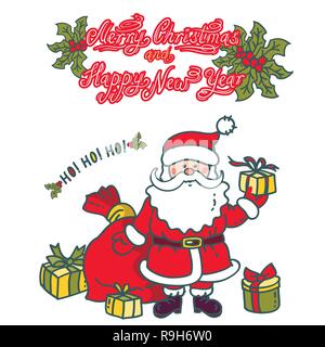 Santa Claus gives gifts. Design greeting card with the text: "Merry Christmas and Happy New Year" Stock Vector