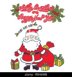 Santa Claus with presents many boxes around. Greeting card with text. Christmas and New Year greeting design Stock Vector