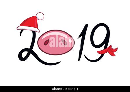 The inscription 2019 with a pig nose in a hat and a scarf. Hand drawn style vector design for illustration Stock Vector
