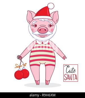 Piglet - Santa Claus wearing a hat and striped leotard with Christmas balls. Hand drawn style vector design illustration Stock Vector