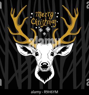 Deer head. White vector silhouette of deer's head with golden antlers isolated on black background Stock Vector