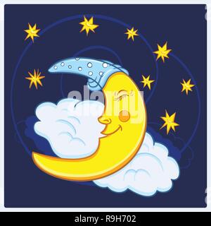 Moon sleeping on a cloud with stars in the night sky. Vector illustration Cute cartoon moon Stock Vector