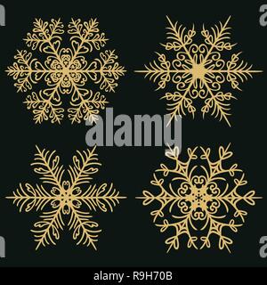 Set of winter snowflakes on a dark golden background.  Vector illustration Stock Vector