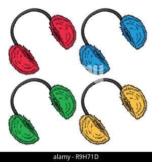 Winter clothes. Earmuffs. Set bright fluffy made of fur ear warmers, accessory. Vector icon Stock Vector