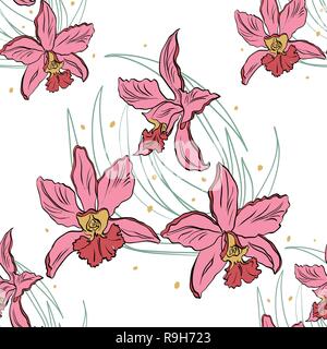 Seamless pattern of pink orchids on a white background. Orchid isolated Stock Vector