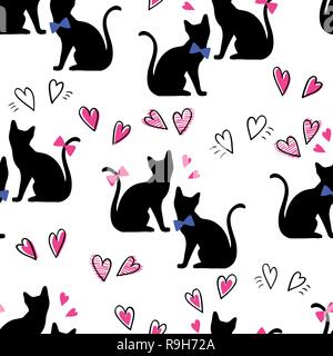 Seamless pattern black cats with hearts on a white background. Wallpapers of silhouettes of cats. Design for the day of Valentine Stock Vector