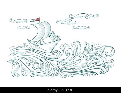Origami paper boat on the waves of the sea with a sailor Stock Vector